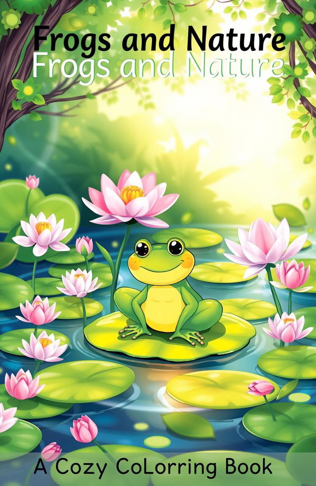 A whimsical pond scene featuring a cheerful frog sitting on a lily pad, surrounded by blooming water lilies in a serene, cozy, and magical atmosphere