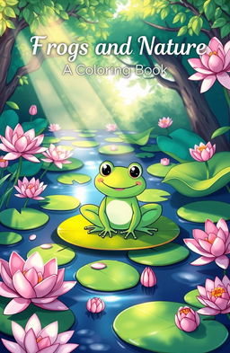 A whimsical pond scene featuring a cheerful frog sitting on a lily pad, surrounded by blooming water lilies in a serene, cozy, and magical atmosphere