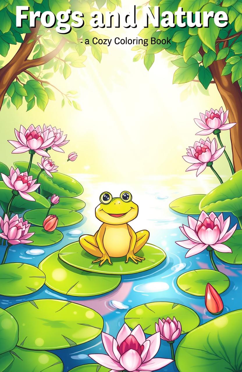 A whimsical pond scene featuring a cheerful frog sitting on a lily pad, surrounded by blooming water lilies in a serene, cozy, and magical atmosphere