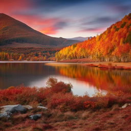 Create an image of a sunset over a calm lake surrounded by mountains with vibrant autumnal trees.