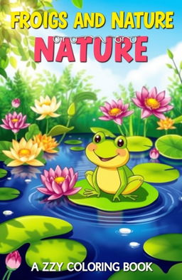 A whimsical pond scene featuring a cheerful frog happily sitting on a lily pad, surrounded by vibrant, blooming water lilies