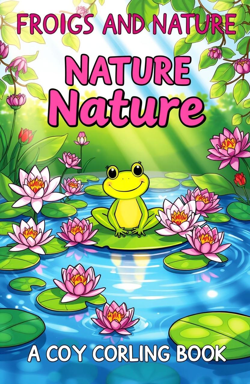 A whimsical pond scene featuring a cheerful frog happily sitting on a lily pad, surrounded by vibrant, blooming water lilies