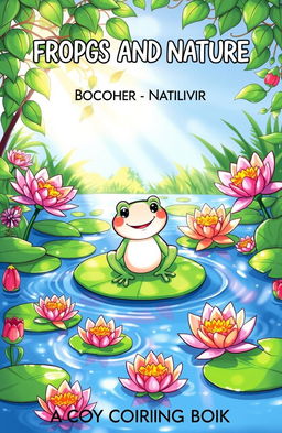 A whimsical pond scene featuring a cheerful frog happily sitting on a lily pad, surrounded by vibrant, blooming water lilies