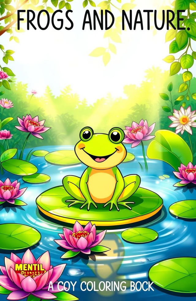 A whimsical pond scene featuring a cheerful frog happily sitting on a lily pad, surrounded by vibrant, blooming water lilies