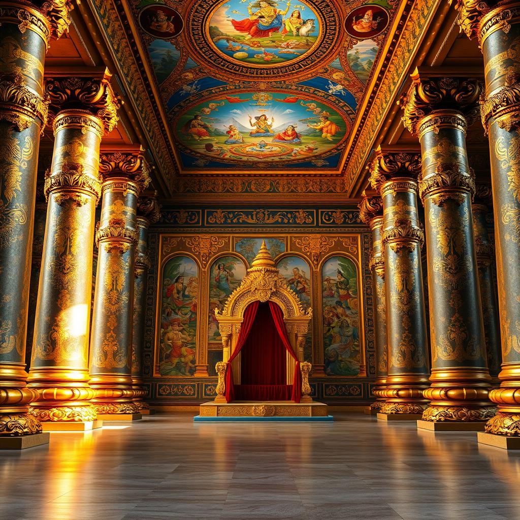 The interior of Hiranyakashyap's palace set in the Mahabharata era, featuring colossal, intricately decorated pillars that embody the grandeur of ancient architecture