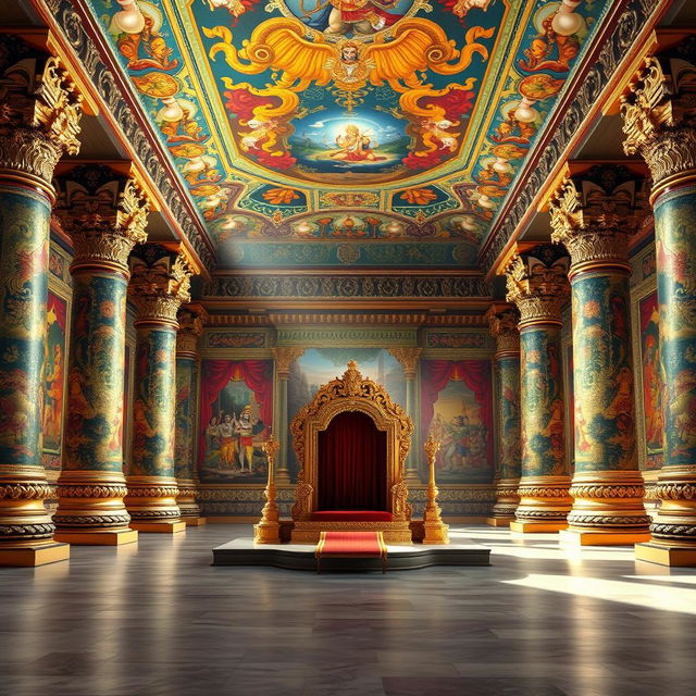 The interior of Hiranyakashyap's palace set in the Mahabharata era, featuring colossal, intricately decorated pillars that embody the grandeur of ancient architecture