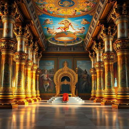The interior of Hiranyakashyap's palace set in the Mahabharata era, featuring colossal, intricately decorated pillars that embody the grandeur of ancient architecture