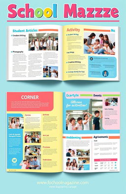 A vibrant school magazine layout showcasing various sections, including student articles, creative writing, photography, and events