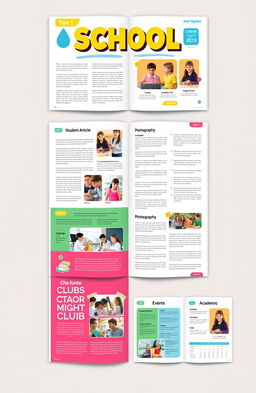 A vibrant school magazine layout showcasing various sections, including student articles, creative writing, photography, and events