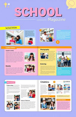 A vibrant school magazine layout showcasing various sections, including student articles, creative writing, photography, and events