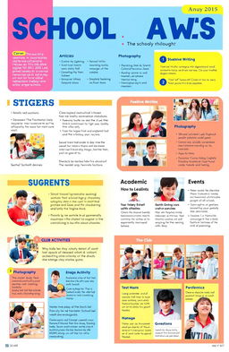 A vibrant school magazine layout showcasing various sections, including student articles, creative writing, photography, and events
