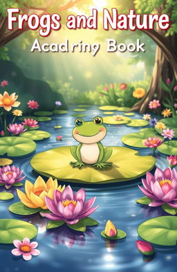 A whimsical pond scene featuring a cheerful frog sitting on a large lily pad, surrounded by vibrant blooming water lilies in various colors, creating a serene and magical atmosphere