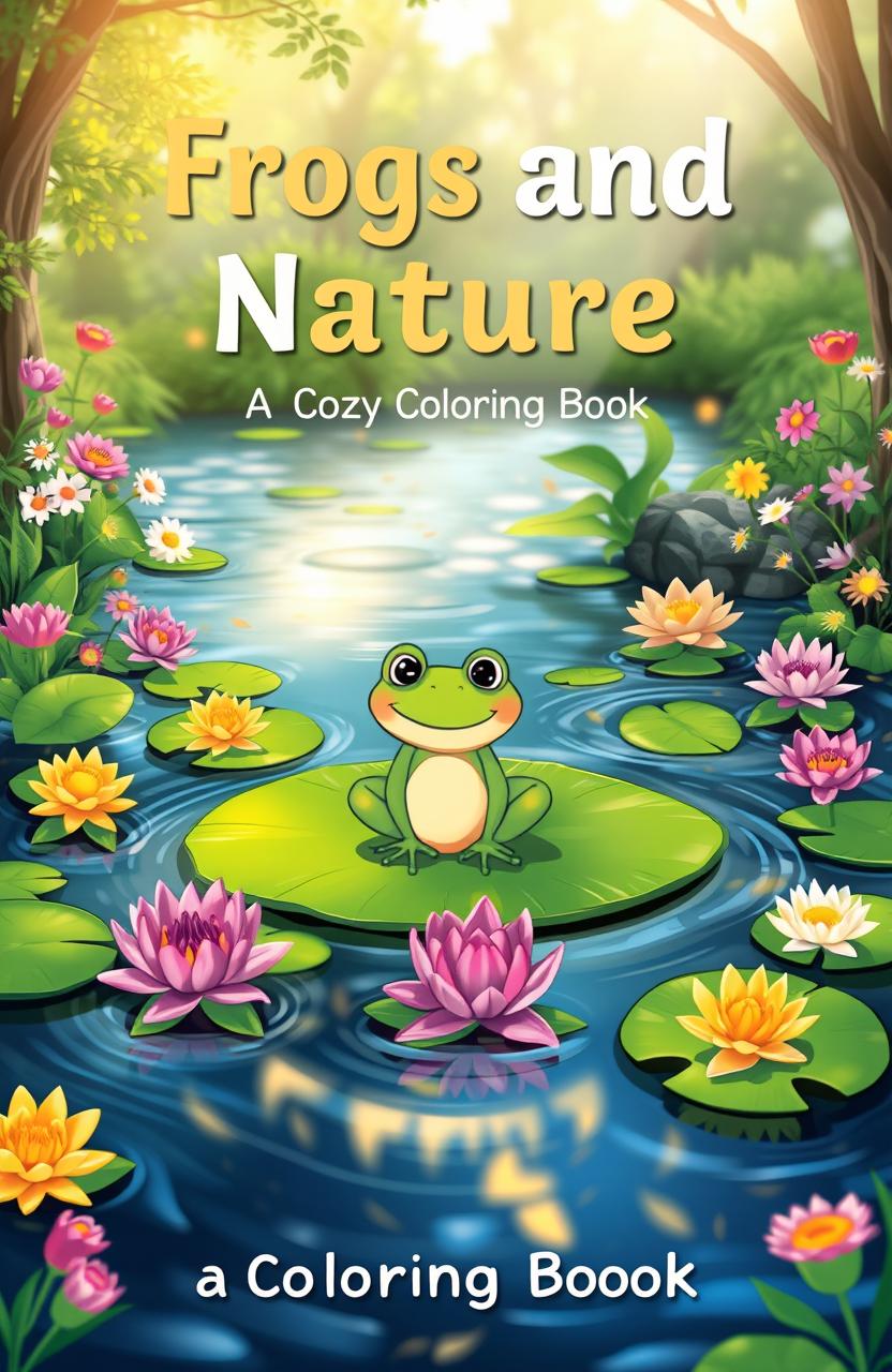 A whimsical pond scene featuring a cheerful frog sitting on a large lily pad, surrounded by vibrant blooming water lilies in various colors, creating a serene and magical atmosphere