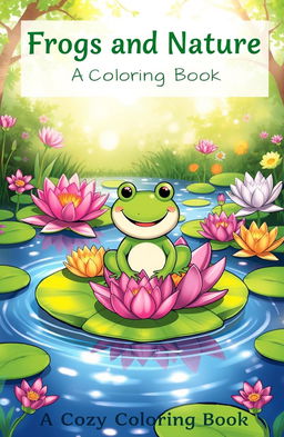 A whimsical pond scene featuring a cheerful frog sitting on a large lily pad, surrounded by vibrant blooming water lilies in various colors, creating a serene and magical atmosphere