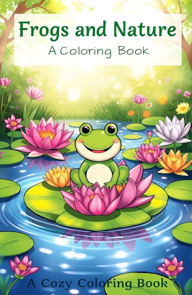 A whimsical pond scene featuring a cheerful frog sitting on a large lily pad, surrounded by vibrant blooming water lilies in various colors, creating a serene and magical atmosphere