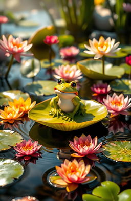 A whimsical pond scene featuring a cheerful frog sitting on a vibrant lily pad