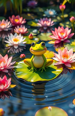 A whimsical pond scene featuring a cheerful frog sitting on a vibrant lily pad