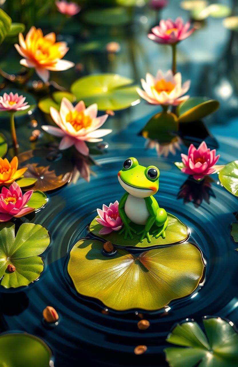 A whimsical pond scene featuring a cheerful frog sitting on a vibrant lily pad