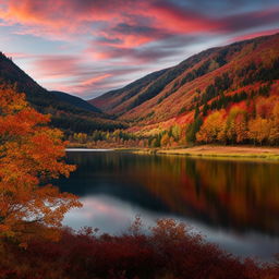 Create an image of a sunset over a calm lake surrounded by mountains with vibrant autumnal trees.