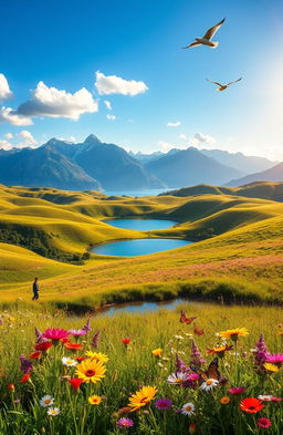 A breathtaking landscape showcasing the splendor of nature with rolling green hills, vibrant wildflowers in full bloom, a crystal-clear lake reflecting the azure sky, and majestic mountains in the distance