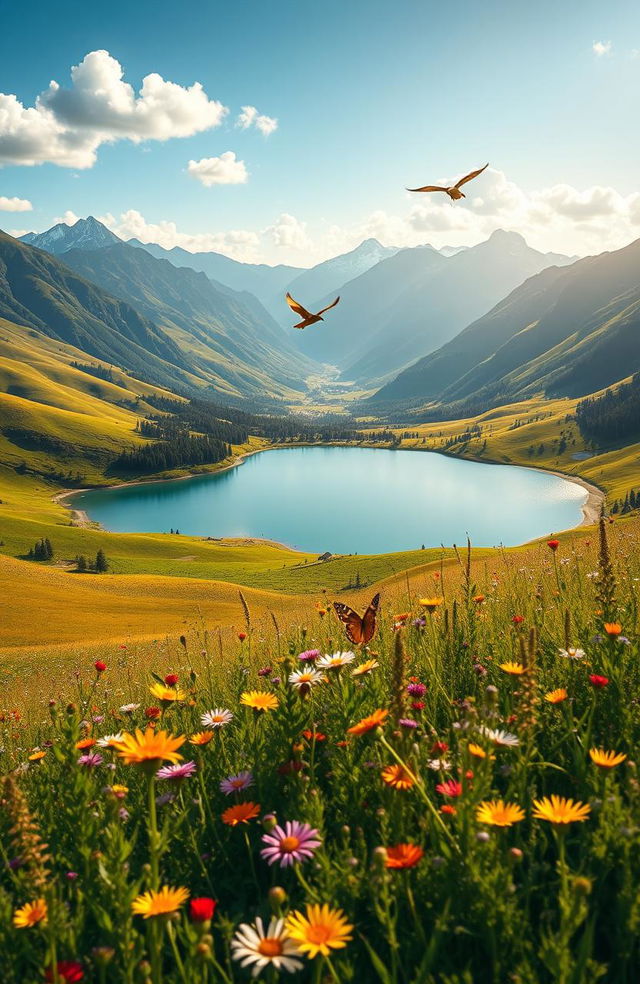 A breathtaking landscape showcasing the splendor of nature with rolling green hills, vibrant wildflowers in full bloom, a crystal-clear lake reflecting the azure sky, and majestic mountains in the distance