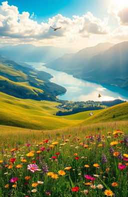 A breathtaking landscape showcasing the splendor of nature with rolling green hills, vibrant wildflowers in full bloom, a crystal-clear lake reflecting the azure sky, and majestic mountains in the distance