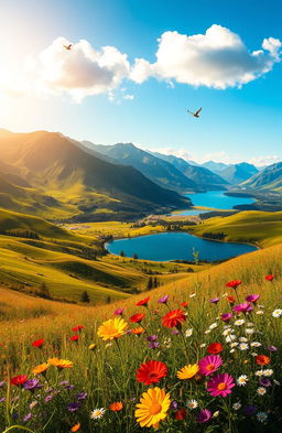 A breathtaking landscape showcasing the splendor of nature with rolling green hills, vibrant wildflowers in full bloom, a crystal-clear lake reflecting the azure sky, and majestic mountains in the distance