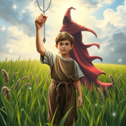A fantasy book cover featuring a peasant boy in the center, with his hand raised, holding a shimmering silver necklace that has a glowing stone at the end