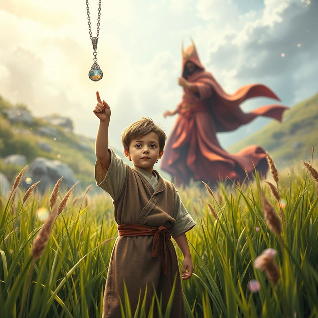 A fantasy book cover featuring a peasant boy in the center, with his hand raised, holding a shimmering silver necklace that has a glowing stone at the end