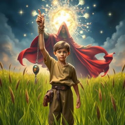 A fantasy book cover featuring a peasant boy in the center, with his hand raised, holding a shimmering silver necklace that has a glowing stone at the end