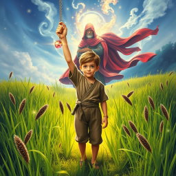 A fantasy book cover featuring a peasant boy in the center, with his hand raised, holding a shimmering silver necklace that has a glowing stone at the end