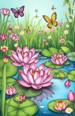 A whimsical pond scene featuring blooming water lilies, surrounded by vibrant greenery