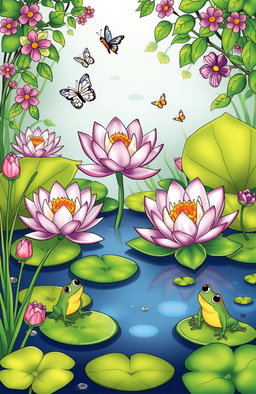 A whimsical pond scene featuring blooming water lilies, surrounded by vibrant greenery