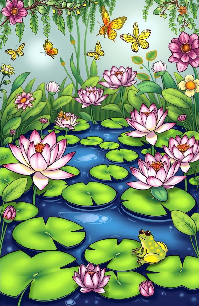 A whimsical pond scene featuring blooming water lilies, surrounded by vibrant greenery