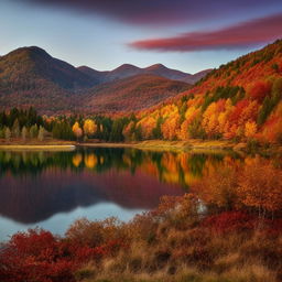 Create an image of a sunset over a calm lake surrounded by mountains with vibrant autumnal trees.