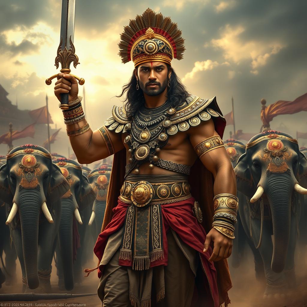 A powerful Indian king, young and muscular, wearing traditional royal armor adorned with intricate designs and gold embellishments