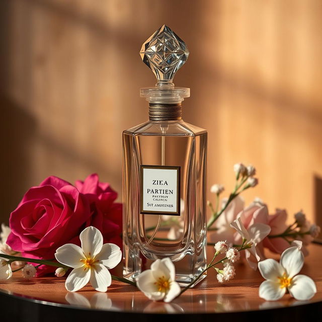 An elegant display of a luxury perfume bottle, showcasing intricate glasswork and a beautiful design