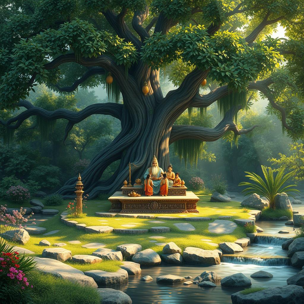 A serene and tranquil scene depicting an ancient place where a wise Rishi imparted teachings to his disciples under a large, flourishing tree, symbolizing knowledge and wisdom