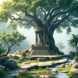 A serene and tranquil scene depicting an ancient place where a wise Rishi imparted teachings to his disciples under a large, flourishing tree, symbolizing knowledge and wisdom