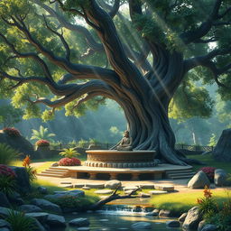 A serene and tranquil scene depicting an ancient place where a wise Rishi imparted teachings to his disciples under a large, flourishing tree, symbolizing knowledge and wisdom