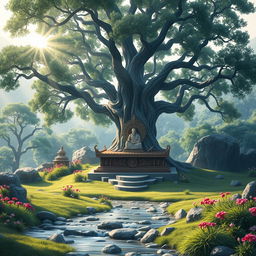 A serene and tranquil scene depicting an ancient place where a wise Rishi imparted teachings to his disciples under a large, flourishing tree, symbolizing knowledge and wisdom