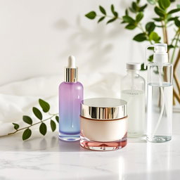 An elegant skincare routine setup featuring luxurious products artfully arranged on a marble countertop