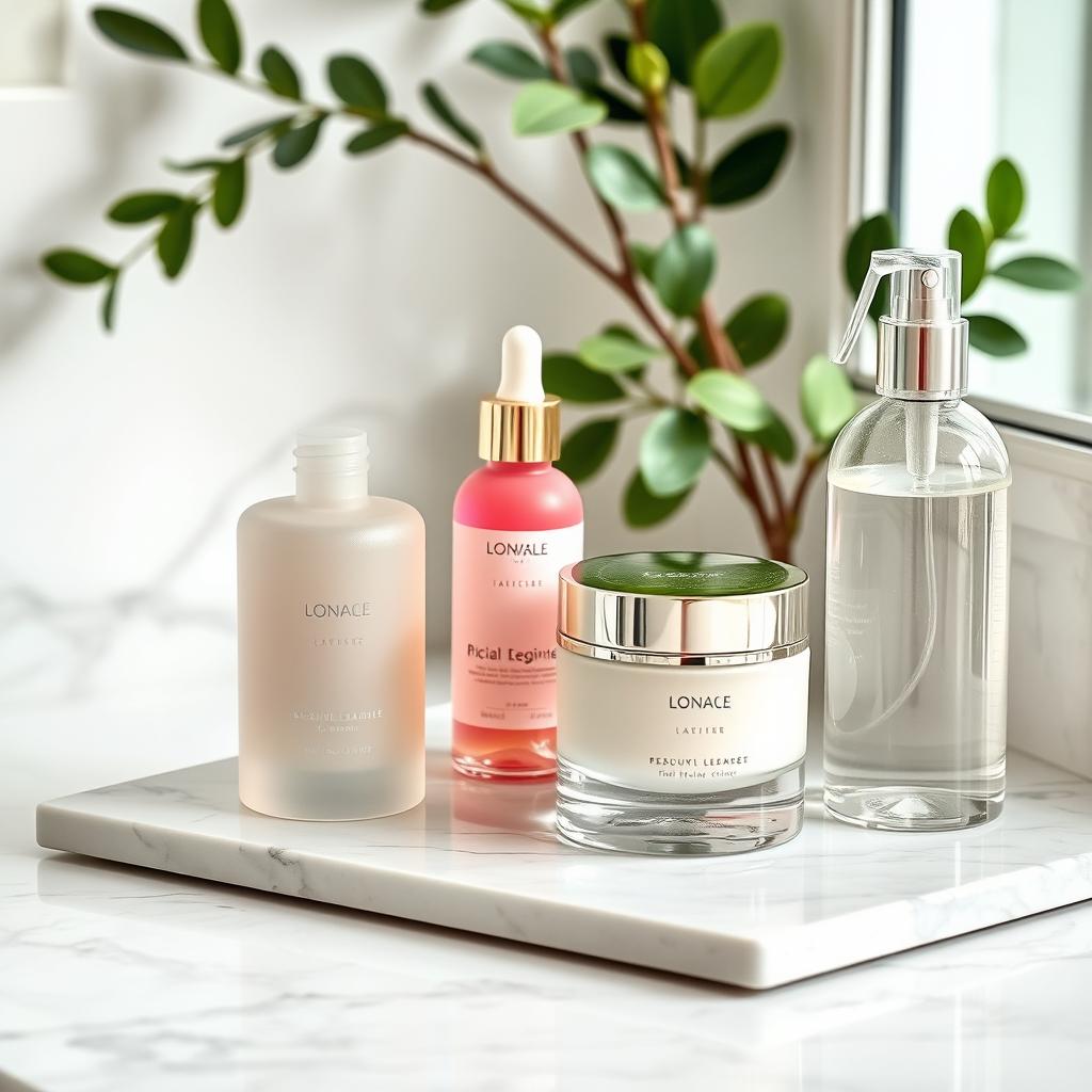 An elegant skincare routine setup featuring luxurious products artfully arranged on a marble countertop