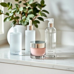 An elegant skincare routine setup featuring luxurious products artfully arranged on a marble countertop