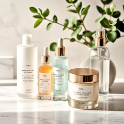 An elegant skincare routine setup featuring luxurious products artfully arranged on a marble countertop