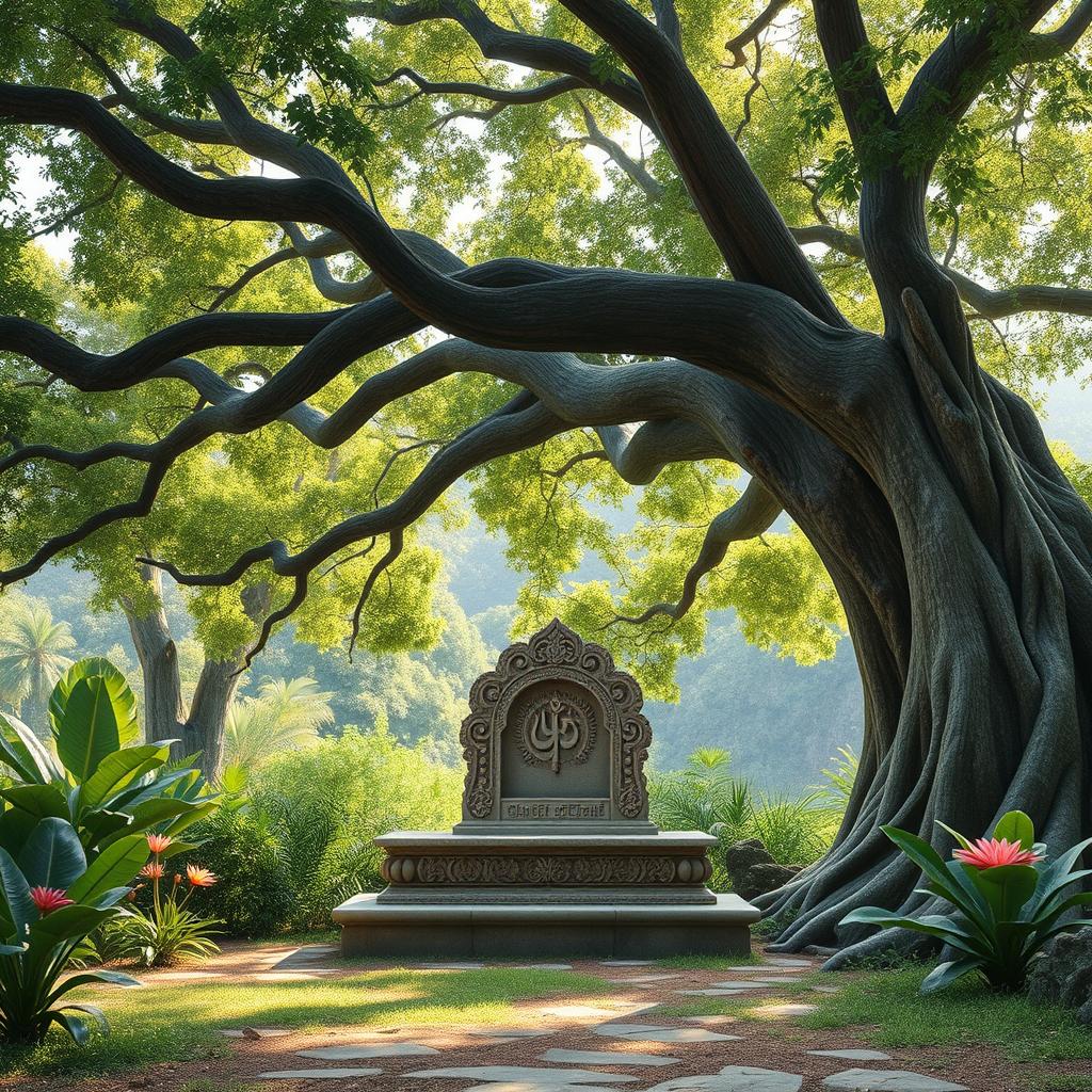 A tranquil scene portraying an ancient setting where a Rishi would have given teachings to his disciples under the sprawling branches of a majestic tree