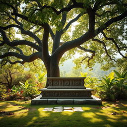 A tranquil scene portraying an ancient setting where a Rishi would have given teachings to his disciples under the sprawling branches of a majestic tree