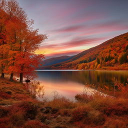 Create an image of a sunset over a calm lake surrounded by mountains with vibrant autumnal trees.