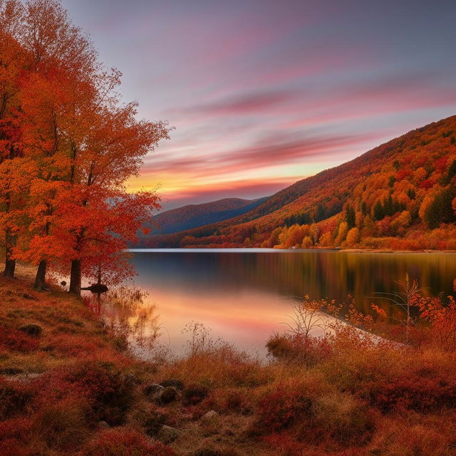 Create an image of a sunset over a calm lake surrounded by mountains with vibrant autumnal trees.