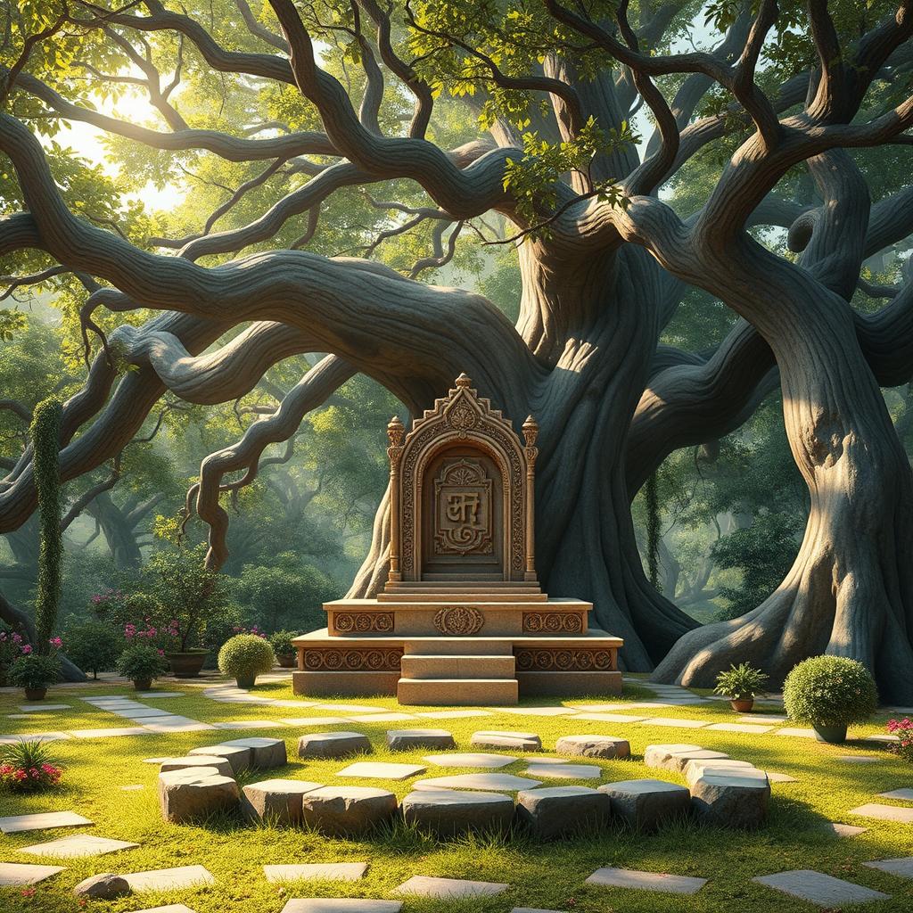 An ancient and serene setting reminiscent of the Mahabharata era, where a Rishi would impart teachings to his disciples under the expansive branches of a majestic tree